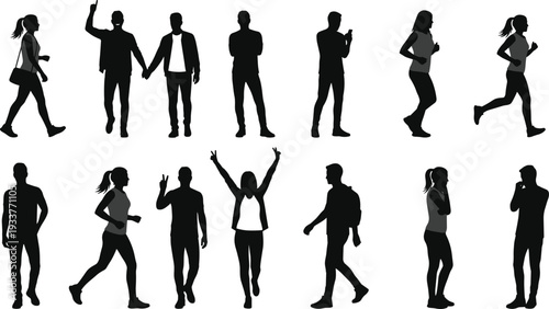 Collection of black silhouettes featuring people running walking holding hands and standing isolated on white background for minimalist vector graphic design