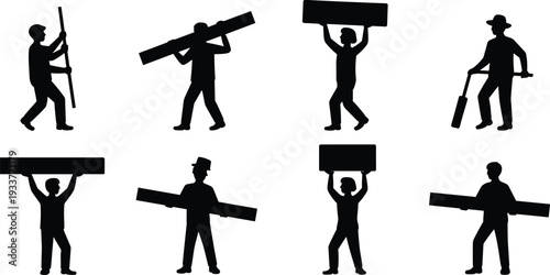 Construction workers carrying wooden planks and tools silhouettes set, manual labor builders lifting boards overhead, industrial black vector illustration isolated on white background