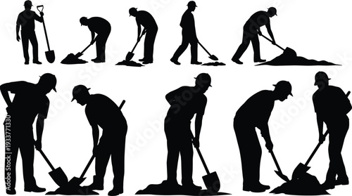 Construction workers digging silhouettes set, laborers with shovels working on ground excavation isolated on white background flat vector illustration collection