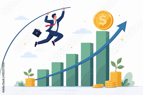 Businessman pole vaulting over a rising bar chart representing financial growth, profit increase, and business success with dollar coins and an upward arrow, concept of career achievement.