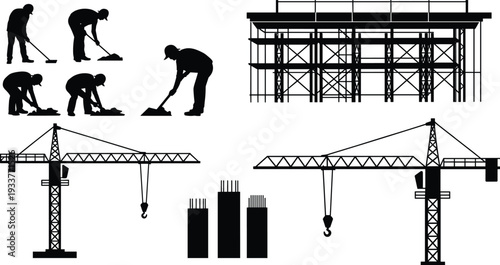 Construction site silhouettes set, workers digging with shovels tower cranes and building framework isolated on white background flat vector illustration collection