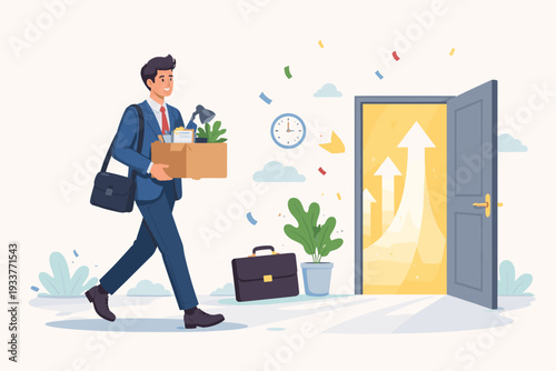 Businessman Carrying Office Box Walking Towards Open Door with Upward Arrows Symbolizing Career Change, New Job Opportunity, Professional Growth, Success, Advancement, and Future Challenges.
