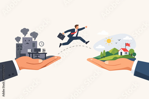 Professional Businessman Jumping from a Stressful Toxic Office Environment to a Peaceful Green Landscape, Concept of Career Change, Work-Life Balance, Determination, and Seeking a Better Life.