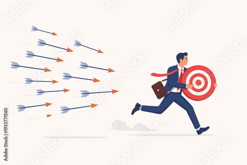 Businessman in a suit running and carrying a red target board while being chased by a swarm of arrows, concept of business competition, goal achievement, challenge to success, and leadership.