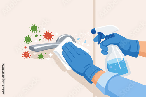 Cleaning and Disinfecting Door Handle with Spray and Cloth to Prevent Coronavirus COVID-19 Spread. Person in Blue Gloves Wiping Surface from Germs and Viruses for Hygiene and Health Safety.