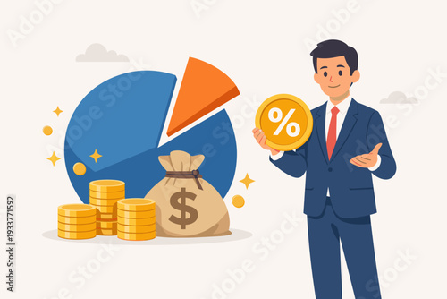Businessman holding percentage coin with pie chart, money bag, and gold coins. Concept of commission payment, interest rate for loan, investment profit, financial growth, and incentive reward.