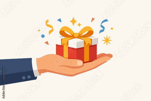 Hand in a Suit Holding a Red Gift Box with Yellow Ribbon and Confetti. Business Reward, Bonus Program, Customer Loyalty Present, Employee Recognition Surprise, or Lucky Prize. Flat Vector Design.