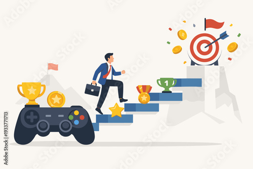Businessman climbing stairs from a game controller towards a target, representing gamification in business and marketing strategy to engage customers through challenges, rewards and achievements.