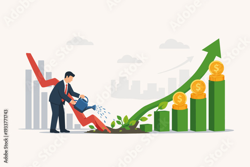 Businessman Watering Plant to Transform Red Downward Arrow into Green Upward Growth Chart with Gold Coins, Representing Investment Recovery, Financial Stimulus, and Stock Market Profit Growth