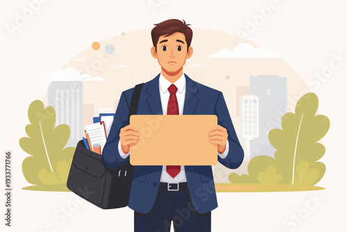 Sad Unemployed Businessman in Suit Holding Blank Cardboard Sign for Job Search. Candidate Looking for Work After Being Laid Off, Carrying Office Supplies in Bag. Career Recruitment Concept Vector.
