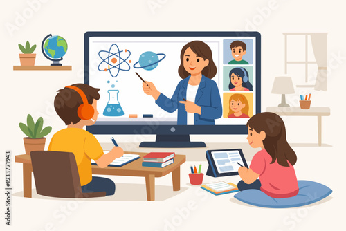 Children Studying at Home with Online Learning and Remote School Concept. Virtual Teacher Teaching Science via Video Conference on Computer Screen to Students during Quarantine Vector Illustration.