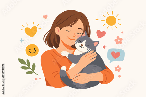 Young woman hugging her cat for emotional support and companionship. Pet therapy concept for mental health, stress relief, and healing depression. Flat vector illustration of happiness and love.