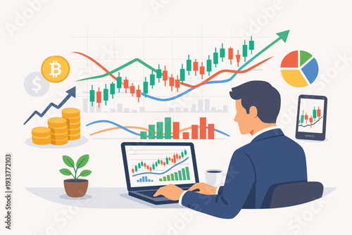 Businessman or trader analyzing stock market and cryptocurrency charts on laptop, technical analysis of financial graphs for investment, trading strategy, growth with candlestick data charts.