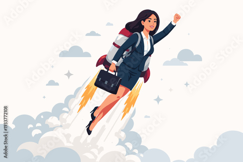 Empowered Businesswoman Flying with a Jetpack Representing Rapid Career Growth, Professional Success, and Leadership Ambition, Creative Vector Illustration of Lady Achieving Business Goals Fast.