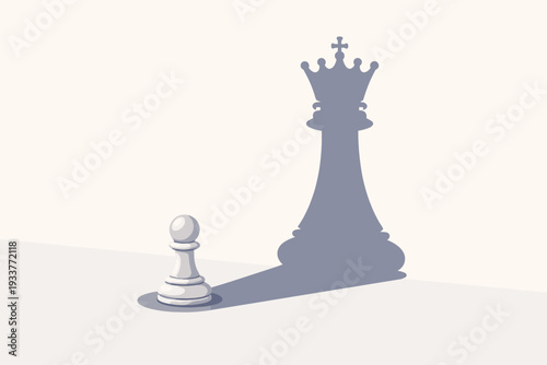 Chess Pawn Casting a Shadow of a Queen, Representing Ambition, Potential, and Big Dreams. Conceptual Vector Illustration of Self-Confidence, Leadership, and Success Strategy for Personal Growth.