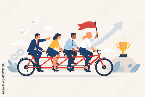 Business team riding tandem bicycle together towards success and gold trophy, concept of teamwork, collaboration, cooperation, partnership, leadership, and collective effort for corporate growth.