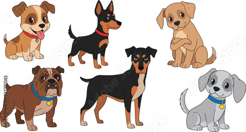 Set of Six Cute and Diverse Puppy Characters Featuring Bulldog, Doberman, and Mixed Breeds for Pet Care and Children's DesignSet of 