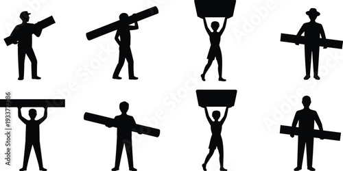 Construction workers carrying wooden planks silhouettes set, manual laborers lifting boards overhead, industrial builder black vector illustration isolated on white background