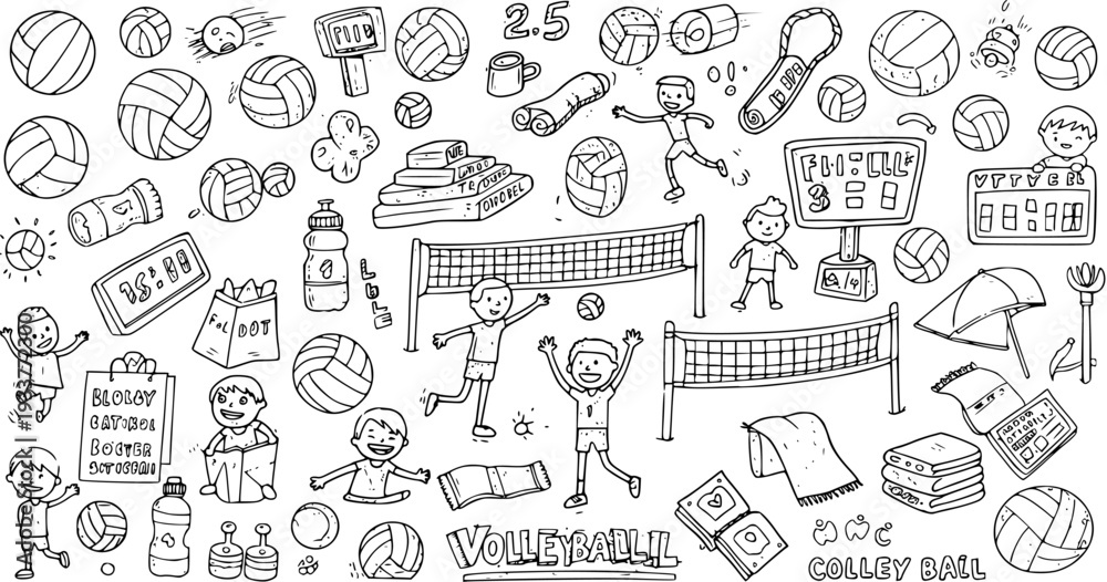 Obraz premium Volleyball Game Doodle Set: Hand-drawn collection of players, balls, nets, scoreboards, and various accessories in a playful, black and white cartoon style.