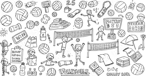 Volleyball Game Doodle Set: Hand-drawn collection of players, balls, nets, scoreboards, and various accessories in a playful, black and white cartoon style.