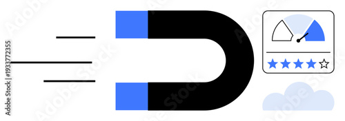 Customer attraction concept. Customer attraction with a magnet, rating gauge, and cloud icon for engagement and performance. Customer attraction driving success through data tools. Ideal