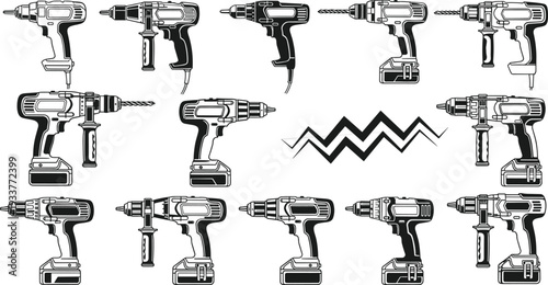 Collection of professional power drill icons set, cordless hammer drills, electric screwdriver tools, construction equipment illustrations for hardware store diy projects