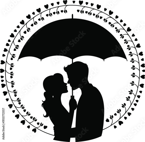 Silhouette of a couple under an umbrella surrounded by heartshaped border