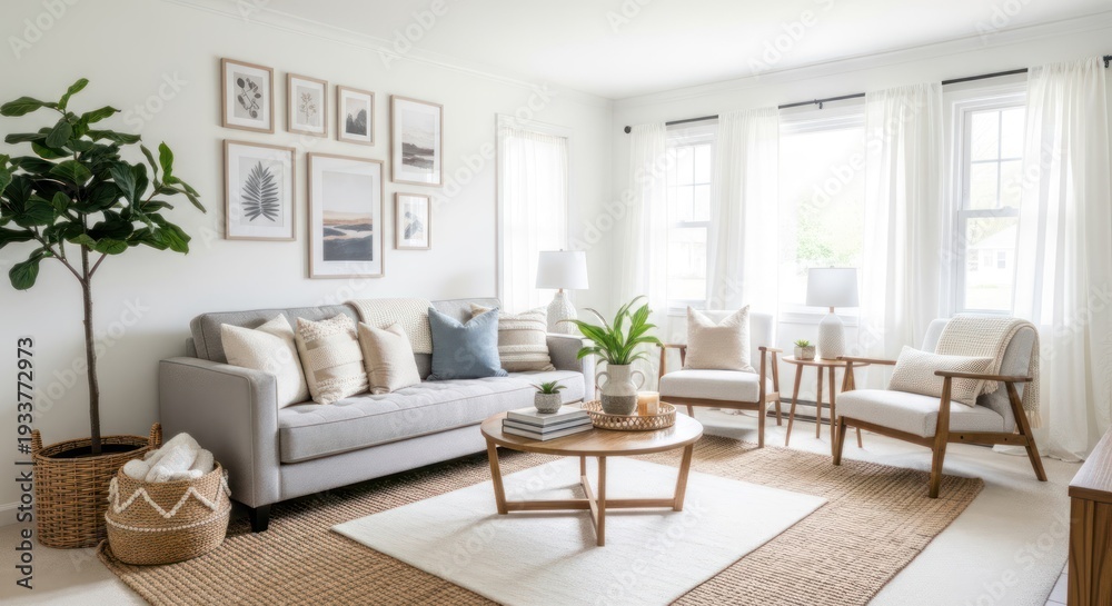 Fototapeta premium A cozy, well-lit living room with modern decor and natural light.