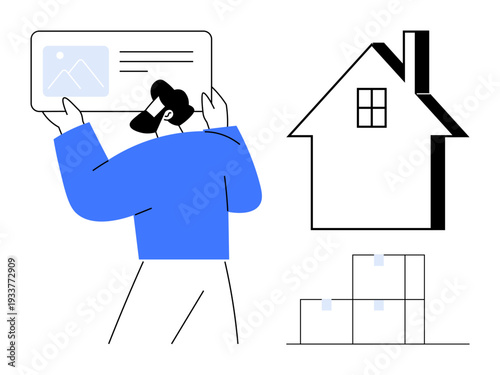 Real estate, digital workflows, storage solutions, asset organization, property management, rental industry. Minimalist man holding a document, house sketch and storage boxes. Real estate