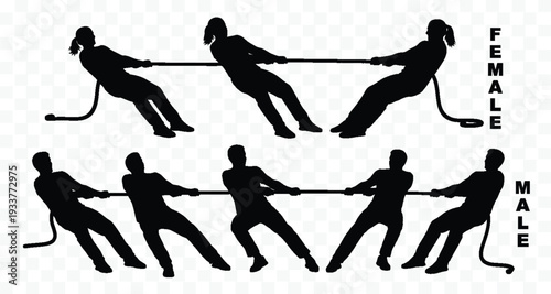 Tug of war, team competition, male vs female, silhouette illustration