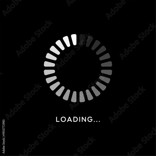 Minimalist circular loading progress icon with thick bar style spinner on a solid black background for digital UI UX.