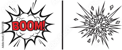 A high-energy comic-style vector duo featuring a bold "BOOM!" exclamation in a jagged speech bubble and a sharp, crystalline explosion with radiating shards and debris.