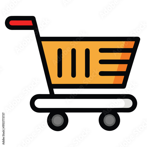 Orange shopping cart with a red handle rests on white base wheels