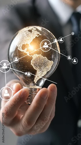 Businessman holding glowing light bulb with earth and social connections