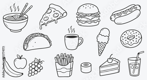 A Culinary Symphony: Doodle style of many food items such as banana, apple, pizza, coffee, donut, noodle and so on in seamless pattern to whet your appetite.