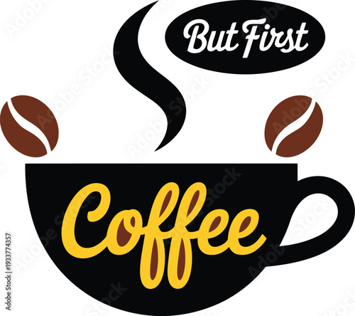 Stylish coffee cup with steam and coffee beans