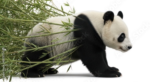 A panda bear with bamboo in its environment, likely in a zoo or sanctuary setting.