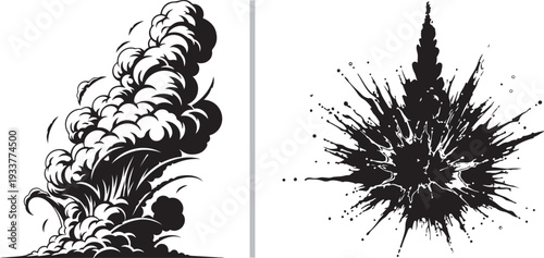 A black and white vector set featuring a high-impact explosion with sharp, jagged debris alongside a massive, billowing plume of smoke rising from a central blast point.