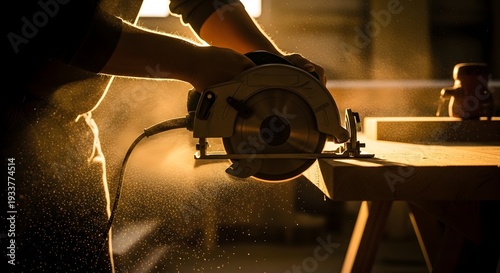 Carpenter using circular saw cutting wood in workshop with sunlight
