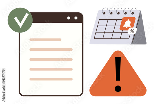 Time management, project planning, productivity tools, deadline tracking, scheduled reminders, warning signals. Checklist with a green checkmark, calendar red warning sign. Time management