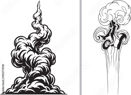 A black and white vector collection of stylized comic-book smoke and plumes. Features include thick billowing clouds, rising smoke trails, and dynamic speed-lined exhaust patterns.