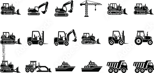 Construction and heavy machinery icon set with excavator bulldozer crane forklift truck and industrial transport isolated on white background vector