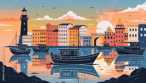 Sunset Coastal City Vector