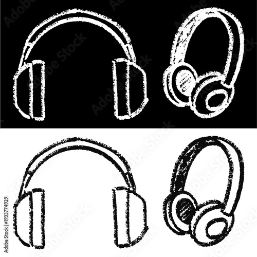 Set editable chalk drawing headphone vector for music school materials. Ideal for symbolizing vintage audio studies, chalkboard listening concepts, and podcasts.