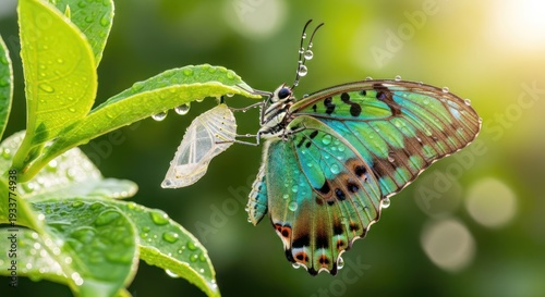 A butterfly emerging from a chrysalis on a green leaf with water droplets, set against a blurred natural background.