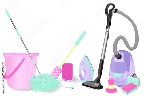 Colorful cleaning supplies set: pink bucket, mop, sponge, iron, vacuum cleaner on light background. Pastel household tools flat lay.