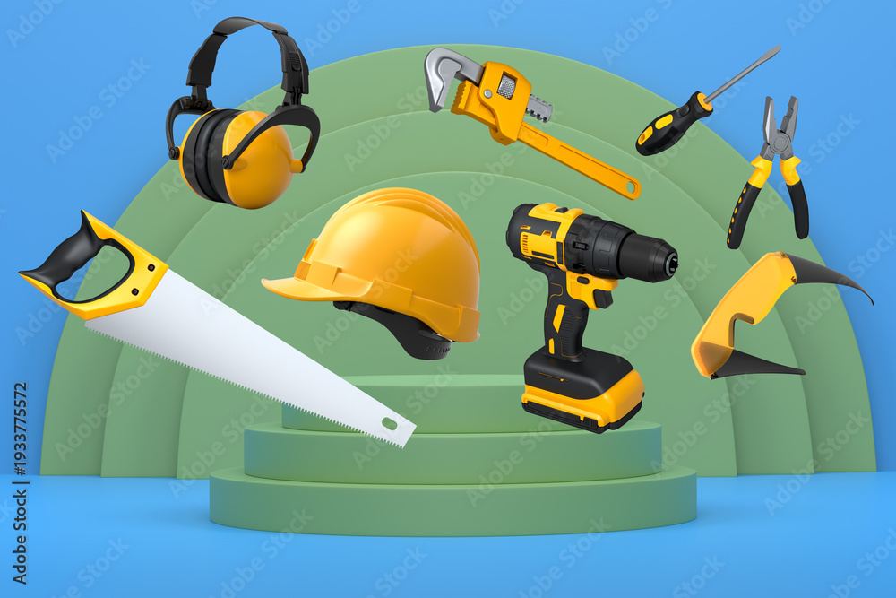 Naklejka premium Construction tools and safety equipment floating over podium on abstract background, industrial work and protection concept