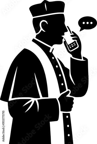 Silhouette of a priest or clergyman talking on a mobile phone. Black and white vector illustration of a man in traditional religious clothing using a smartphone, modern communication concept.