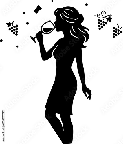 Elegant silhouette of a woman tasting red wine. Vector illustration of a female sommelier with a wine glass, grapes, and cork motifs, perfect for winery branding and luxury lifestyle.