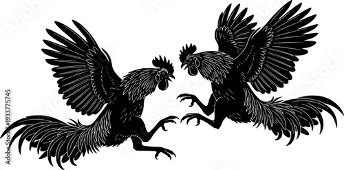 two roosters fighting. Dynamic woodcut style of roosters in mid-air battle, energetic farm animal silhouette with splatter details.